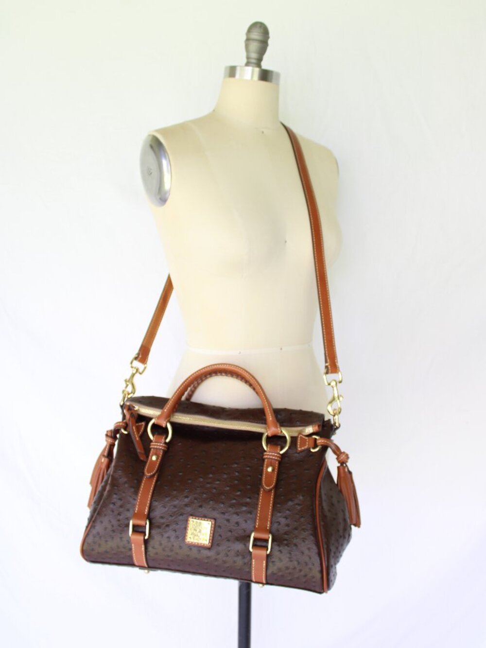 Dooney & Bourke Ostrich brown satchel leather Florentine tassel purse crossbody - Picture 8 of 12